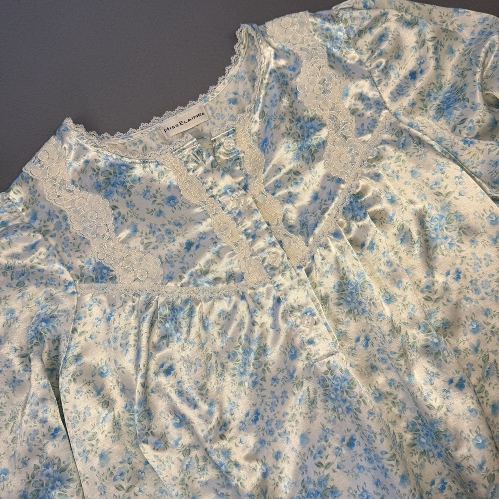 VTG Miss Elaine Midi Nightgown L Flannel Lined Blue White Floral LaceCottagecore